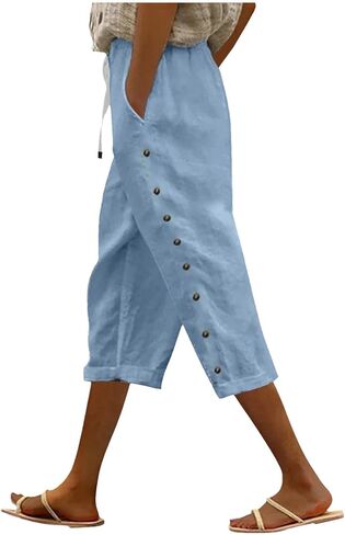 Linen Capris for Women Summer Casual High Waisted Crop Pants with Pockets Wed Leg Lounge Trousers Boho Beach Clothes in Saudi Arabia