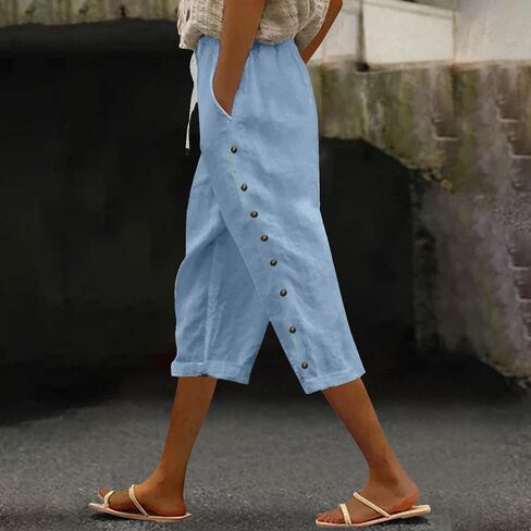 Linen Capris for Women Summer Casual High Waisted Crop Pants with Pockets Wed Leg Lounge Trousers Boho Beach Clothes in Saudi Arabia