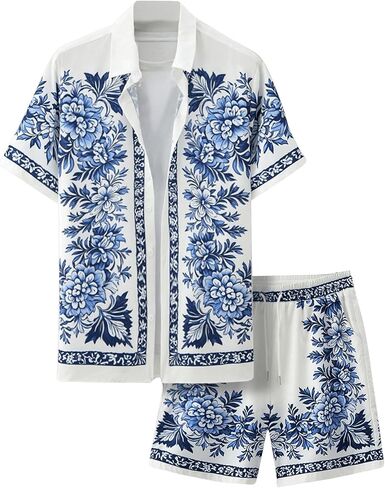 Men's Big and Tall 2 Piece Outfits Short Sleeve Button Up Vintage Shirts and Elastic Waist Beach Shorts in Saudi Arabia