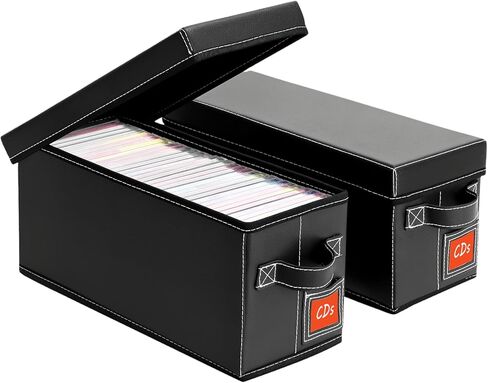 CD Storage Case with Lid & Handle – Faux Leather CD Holder Box – Stackable CD Storage Organizer with Label Slot – 2Pack (Black) in Kuwait