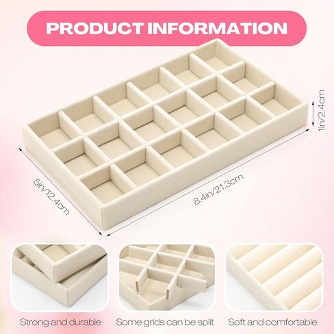 16 PCS منظم المجوهرات القابلة للتكديس لأدراج درج مجوهرات مجوهرات مع مقسمات الحلق وصندوق عرض الخاتم يناسب 8.4 × 5 × 1 درج قلادة تخزين للنساء ، الفتيات (البيج ، 16 أنماط) in Saudi Arabia