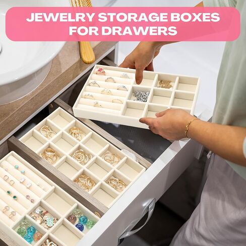 16 PCS منظم المجوهرات القابلة للتكديس لأدراج درج مجوهرات مجوهرات مع مقسمات الحلق وصندوق عرض الخاتم يناسب 8.4 × 5 × 1 درج قلادة تخزين للنساء ، الفتيات (البيج ، 16 أنماط) in Saudi Arabia