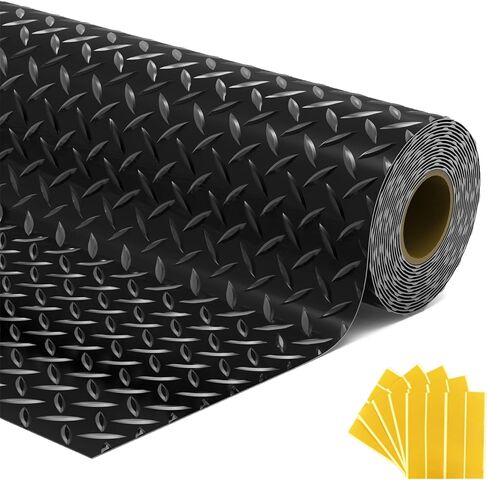 7.5x18 FT Garage Floor Mat, Flooring Roll with 20Pcs Tapes, 135 sqft Diamond Plate PVC Rubber Trailer Mat, Non-Slip Floor Mat for Garage, Warehouse, Gyms, Trailer, Pickup Truck (Black) in Saudi Arabia