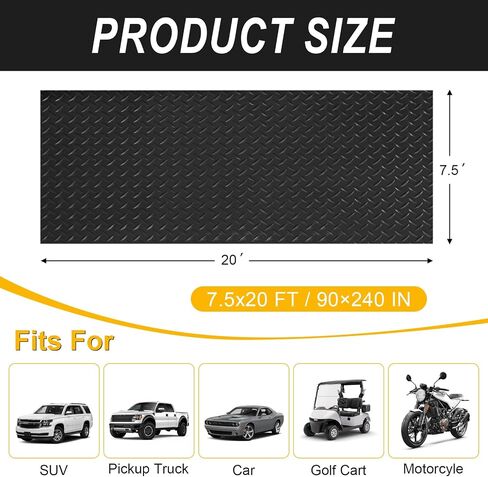 7.5x18 FT Garage Floor Mat, Flooring Roll with 20Pcs Tapes, 135 sqft Diamond Plate PVC Rubber Trailer Mat, Non-Slip Floor Mat for Garage, Warehouse, Gyms, Trailer, Pickup Truck (Black) in Saudi Arabia