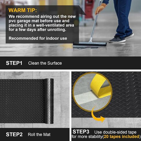 7.5x18 FT Garage Floor Mat, Flooring Roll with 20Pcs Tapes, 135 sqft Diamond Plate PVC Rubber Trailer Mat, Non-Slip Floor Mat for Garage, Warehouse, Gyms, Trailer, Pickup Truck (Black) in Saudi Arabia