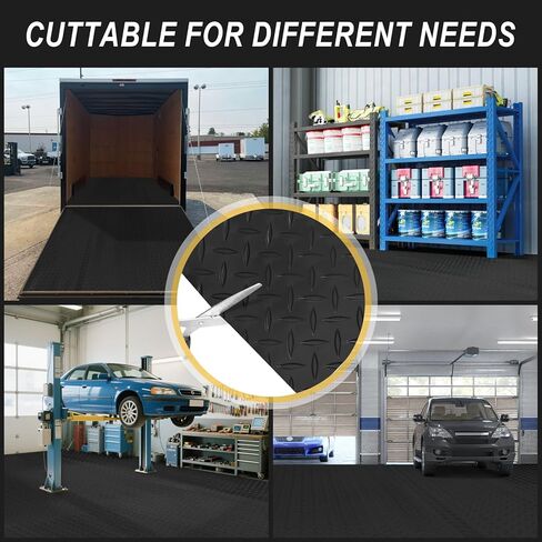 7.5x18 FT Garage Floor Mat, Flooring Roll with 20Pcs Tapes, 135 sqft Diamond Plate PVC Rubber Trailer Mat, Non-Slip Floor Mat for Garage, Warehouse, Gyms, Trailer, Pickup Truck (Black) in Saudi Arabia