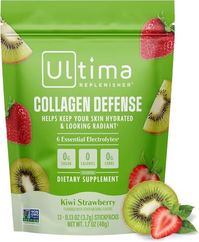 ملحق دفاع الكولاجين في Ultima -collagen ومسحوق الإلكتروليت - الفراولة Kiwi ، 13 حزمًا - حزم ترطيب مع Dermaval و Biotin التي تحافظ على ترطيب بشرتك ومظهر مشع in Kuwait