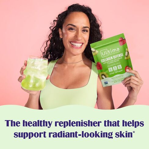 ملحق دفاع الكولاجين في Ultima -collagen ومسحوق الإلكتروليت - الفراولة Kiwi ، 13 حزمًا - حزم ترطيب مع Dermaval و Biotin التي تحافظ على ترطيب بشرتك ومظهر مشع in Kuwait