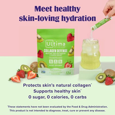 ملحق دفاع الكولاجين في Ultima -collagen ومسحوق الإلكتروليت - الفراولة Kiwi ، 13 حزمًا - حزم ترطيب مع Dermaval و Biotin التي تحافظ على ترطيب بشرتك ومظهر مشع in Kuwait