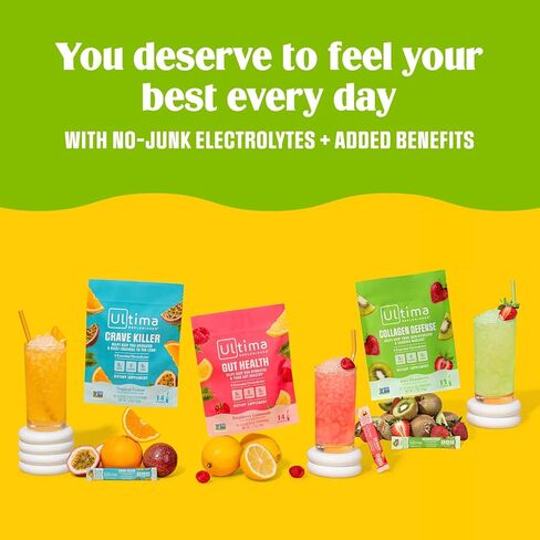 ملحق دفاع الكولاجين في Ultima -collagen ومسحوق الإلكتروليت - الفراولة Kiwi ، 13 حزمًا - حزم ترطيب مع Dermaval و Biotin التي تحافظ على ترطيب بشرتك ومظهر مشع in Kuwait