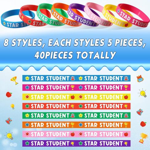 Aoriher 200 pcs Star Student Wristbands 8 Colors Student Reward Silicone Bracelets Teacher Recognition Award Star Rubber Bracelets for Sports Office Substitute Teacher Supplies Education Kid Activity in Saudi Arabia