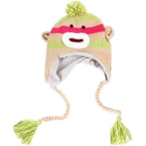 Manhattan Hat Company Womens Green Striped Sock Monkey Pom Trapper Hat in Kuwait