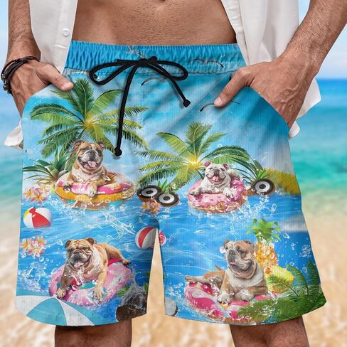 Dog Pool Party Mens Swim Trunks - Happy Dog Hawaiian Mens Shorts Casual - Summer Drawstring Beachwear Shorts PA92 in Saudi Arabia