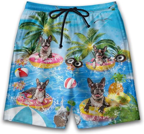 Dog Pool Party Mens Swim Trunks - Happy Dog Hawaiian Mens Shorts Casual - Summer Drawstring Beachwear Shorts PA92 in Saudi Arabia