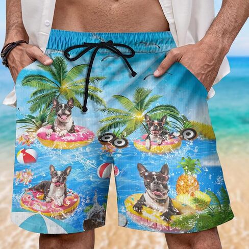 Dog Pool Party Mens Swim Trunks - Happy Dog Hawaiian Mens Shorts Casual - Summer Drawstring Beachwear Shorts PA92 in Saudi Arabia