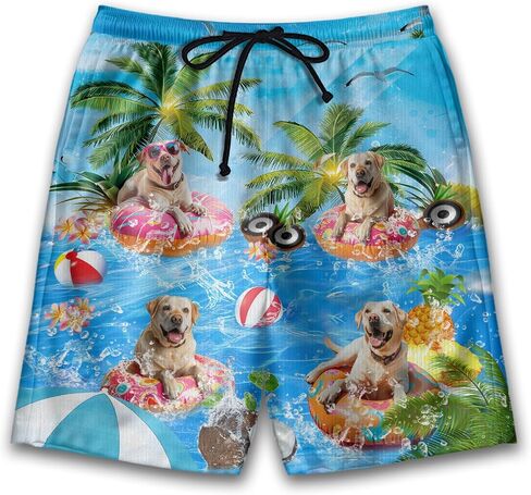 Dog Pool Party Mens Swim Trunks - Happy Dog Hawaiian Mens Shorts Casual - Summer Drawstring Beachwear Shorts PA92 in Saudi Arabia