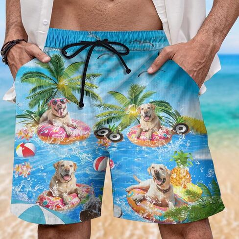 Dog Pool Party Mens Swim Trunks - Happy Dog Hawaiian Mens Shorts Casual - Summer Drawstring Beachwear Shorts PA92 in Saudi Arabia