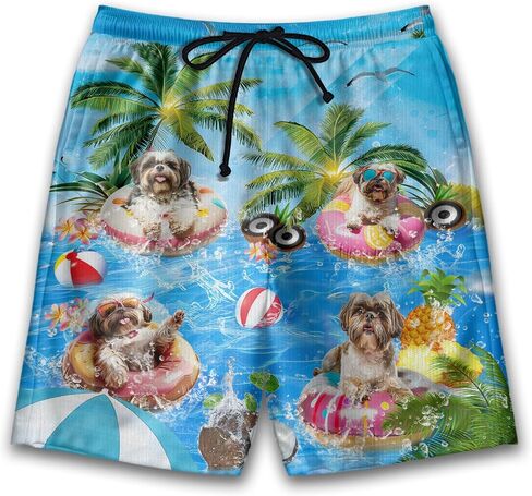 Dog Pool Party Mens Swim Trunks - Happy Dog Hawaiian Mens Shorts Casual - Summer Drawstring Beachwear Shorts PA92 in Saudi Arabia