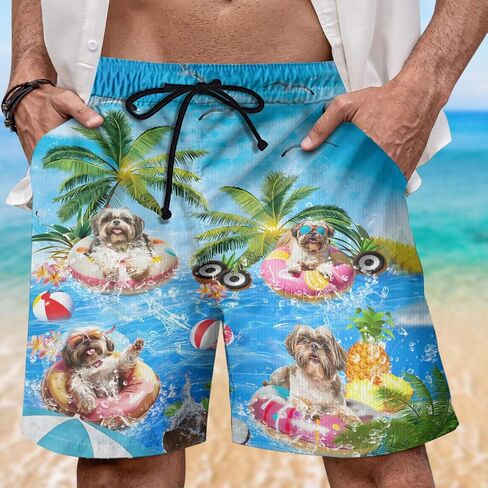 Dog Pool Party Mens Swim Trunks - Happy Dog Hawaiian Mens Shorts Casual - Summer Drawstring Beachwear Shorts PA92 in Saudi Arabia