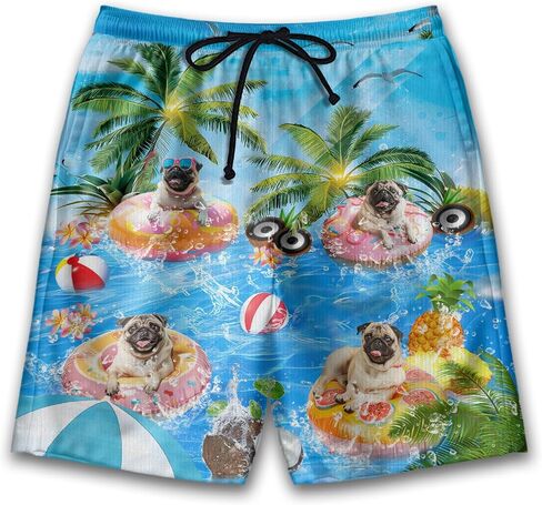 Dog Pool Party Mens Swim Trunks - Happy Dog Hawaiian Mens Shorts Casual - Summer Drawstring Beachwear Shorts PA92 in Saudi Arabia