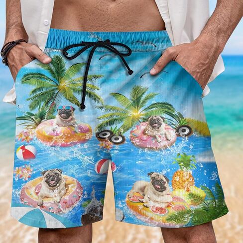 Dog Pool Party Mens Swim Trunks - Happy Dog Hawaiian Mens Shorts Casual - Summer Drawstring Beachwear Shorts PA92 in Saudi Arabia