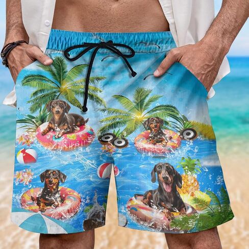 Dog Pool Party Mens Swim Trunks - Happy Dog Hawaiian Mens Shorts Casual - Summer Drawstring Beachwear Shorts PA92 in Saudi Arabia