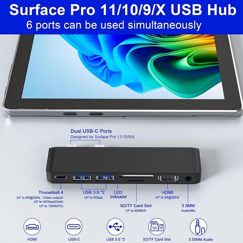 Surface Pro 11 USB C Adapter, Surface Pro 9 Hub Docking Station with 4K HDMI, USB-C Thunerbolt 4 (8K Video+Data+100W PD), 2*USB 3.0, 3.5mm Audio, SD/TF, USB C Hub for Surface Pro 11 Copilot/10/9/X in Saudi Arabia