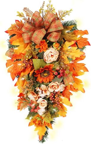 22 Inch Artificial Fall Teardrop Swag, Harvest Hanging Swag with Maple Leaves, Sunflower, Berries and Bows, Front Door Swag Teardrop Wreath with String Light for Home Decor, Orange in Saudi Arabia