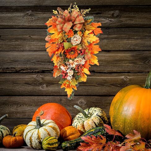 22 Inch Artificial Fall Teardrop Swag, Harvest Hanging Swag with Maple Leaves, Sunflower, Berries and Bows, Front Door Swag Teardrop Wreath with String Light for Home Decor, Orange in Saudi Arabia