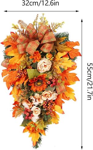 22 Inch Artificial Fall Teardrop Swag, Harvest Hanging Swag with Maple Leaves, Sunflower, Berries and Bows, Front Door Swag Teardrop Wreath with String Light for Home Decor, Orange in Saudi Arabia