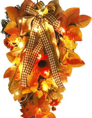 22 Inch Artificial Fall Teardrop Swag, Harvest Hanging Swag with Maple Leaves, Sunflower, Berries and Bows, Front Door Swag Teardrop Wreath with String Light for Home Decor, Orange in Saudi Arabia