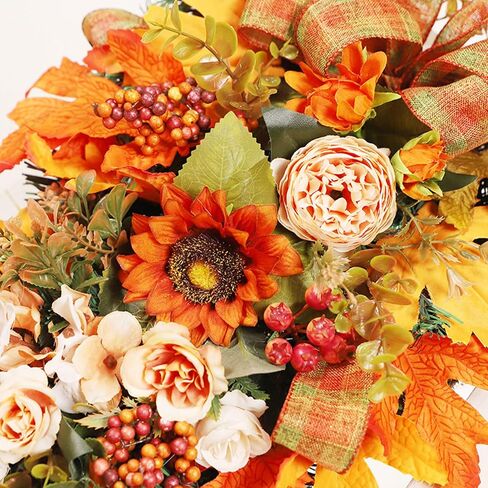 22 Inch Artificial Fall Teardrop Swag, Harvest Hanging Swag with Maple Leaves, Sunflower, Berries and Bows, Front Door Swag Teardrop Wreath with String Light for Home Decor, Orange in Saudi Arabia