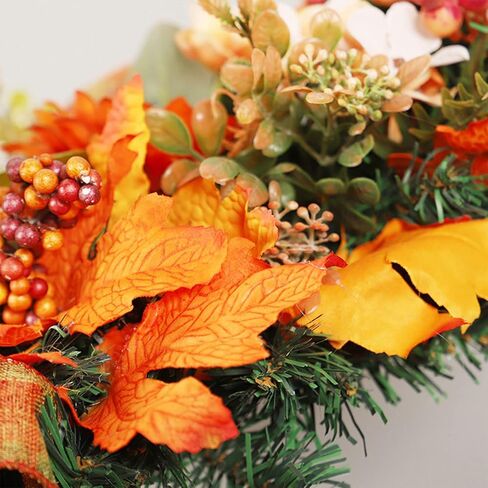 22 Inch Artificial Fall Teardrop Swag, Harvest Hanging Swag with Maple Leaves, Sunflower, Berries and Bows, Front Door Swag Teardrop Wreath with String Light for Home Decor, Orange in Saudi Arabia