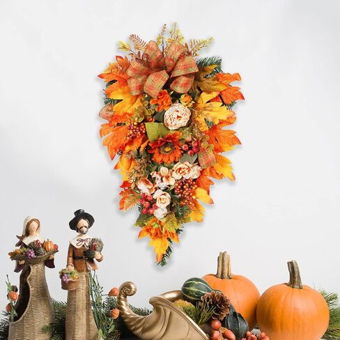 22 Inch Artificial Fall Teardrop Swag, Harvest Hanging Swag with Maple Leaves, Sunflower, Berries and Bows, Front Door Swag Teardrop Wreath with String Light for Home Decor, Orange in Saudi Arabia