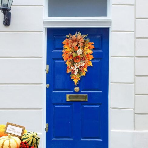 22 Inch Artificial Fall Teardrop Swag, Harvest Hanging Swag with Maple Leaves, Sunflower, Berries and Bows, Front Door Swag Teardrop Wreath with String Light for Home Decor, Orange in Saudi Arabia
