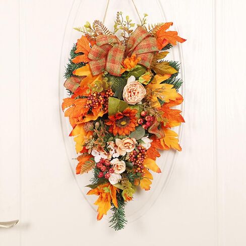 22 Inch Artificial Fall Teardrop Swag, Harvest Hanging Swag with Maple Leaves, Sunflower, Berries and Bows, Front Door Swag Teardrop Wreath with String Light for Home Decor, Orange in Saudi Arabia