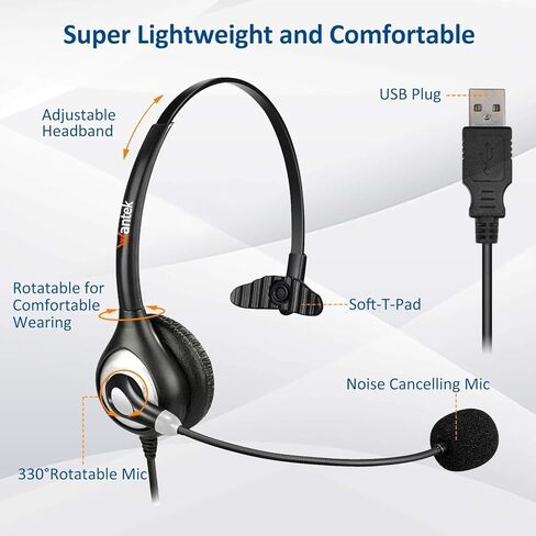 Wantek USB Headset with Microphone for PC,Laptop,Computer Headset with Noise Cancelling & Audio Controls,Wired Headset for Call Center,Work,Ofiice,Zoom,Binaural in Kuwait
