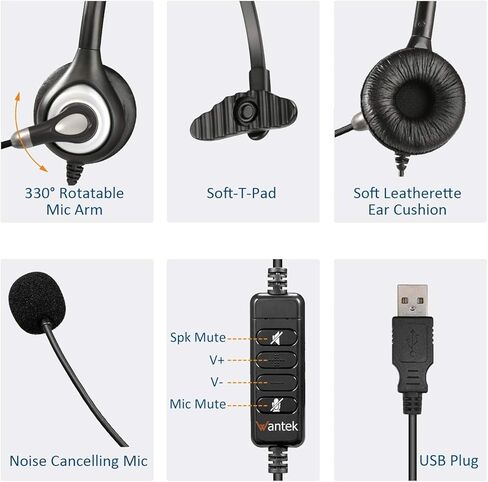 Wantek USB Headset with Microphone for PC,Laptop,Computer Headset with Noise Cancelling & Audio Controls,Wired Headset for Call Center,Work,Ofiice,Zoom,Binaural in Kuwait