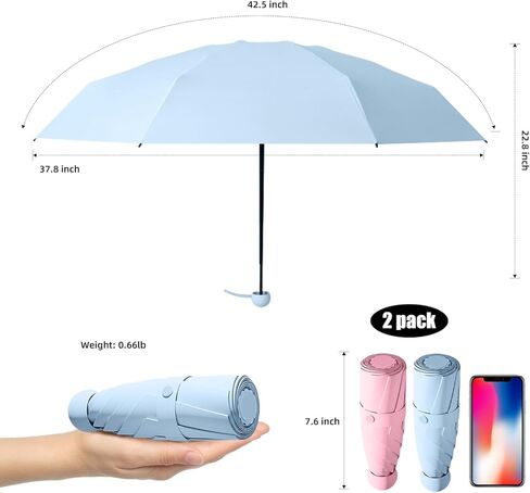 مظلة سفر ترينوفو - مظلة صغيرة قابلة للطي مع حقيبة، مظلة محمولة خفيفة الوزن ذات 6 أضلاع، مظلة جيب صغيرة للشمس والمطر للفتيات والنساء - أسود in Kuwait