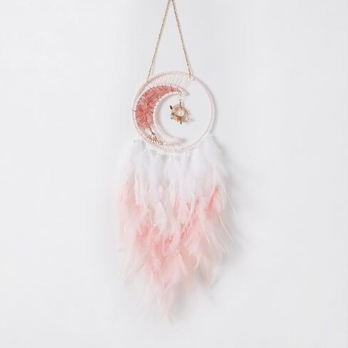 Fantasy Moon Myth Dream Catchers Wall Decor Crystal Stone Quartz Lunar Dream Catcher Crescent Shaped Tree of Life Handmade Pink Feather Dreamcatchers Wall Hanging for Girls Bedroom Wedding Bless Gift in Saudi Arabia