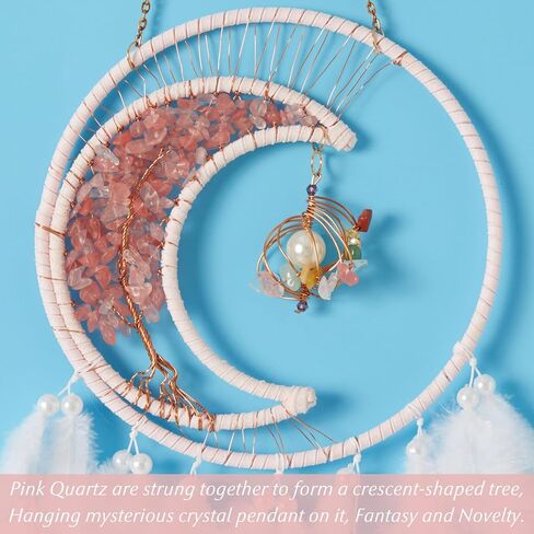 Fantasy Moon Myth Dream Catchers Wall Decor Crystal Stone Quartz Lunar Dream Catcher Crescent Shaped Tree of Life Handmade Pink Feather Dreamcatchers Wall Hanging for Girls Bedroom Wedding Bless Gift in Saudi Arabia