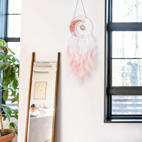 Fantasy Moon Myth Dream Catchers Wall Decor Crystal Stone Quartz Lunar Dream Catcher Crescent Shaped Tree of Life Handmade Pink Feather Dreamcatchers Wall Hanging for Girls Bedroom Wedding Bless Gift in Saudi Arabia