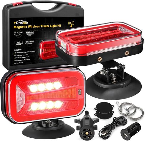Partsam Wireless LED Trailer Light Kit 4000mAh بطارية ، مستطيل مغناطيسي محمول توقف بدوره ترخيص عكس القطر مصابيح الذيل مع قوس معدني 7 دبوس للشاحنات مقطورات 12-24 فولت IP67 مقاومة للماء in Kuwait