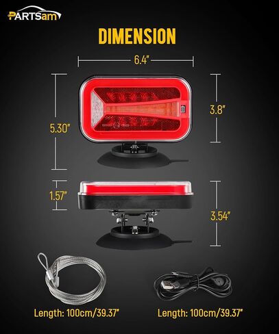 Partsam Wireless LED Trailer Light Kit 4000mAh بطارية ، مستطيل مغناطيسي محمول توقف بدوره ترخيص عكس القطر مصابيح الذيل مع قوس معدني 7 دبوس للشاحنات مقطورات 12-24 فولت IP67 مقاومة للماء in Kuwait