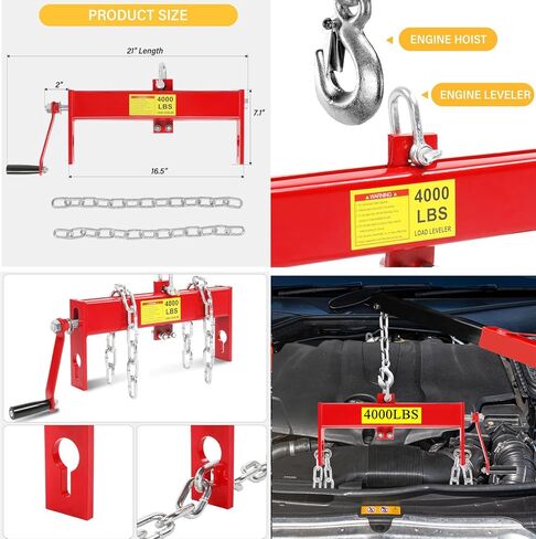 Engine Hoist 2 TON Folding Hydraulic Engine Motor Hoist with Load Leveler Lever, Cherry Picker Shop Cranes Lift Red Shop Crane 4000 lb (Engine Stand+Load Leveler) in Kuwait