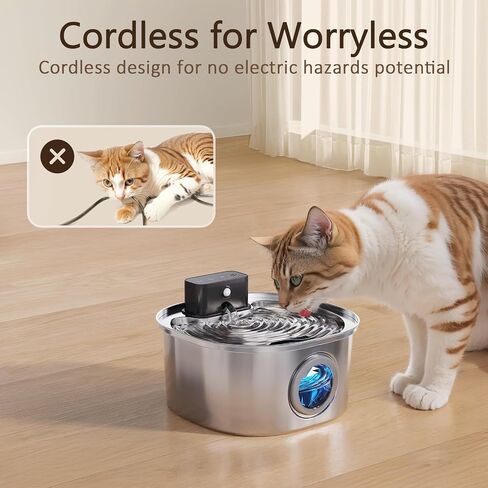 Voluas Stainless Steel Cat Water Fountain: 3.2L/108oz 3-Modes Pet Drinking Fountain Wireless Indoor Cordless Kitty Super-Silent Sensoring Fountain with High-Capacity Battery in Saudi Arabia