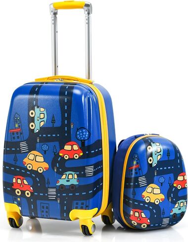 GYMAX 2Pc Kid Carry On Luggage Set, 12" & 18" Kids Suitcase with 4 Spinner Wheels, Travel Rolling Trolley in Kuwait