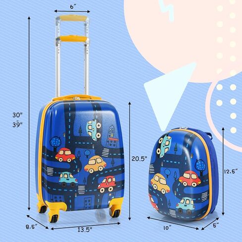 GYMAX 2Pc Kid Carry On Luggage Set, 12" & 18" Kids Suitcase with 4 Spinner Wheels, Travel Rolling Trolley in Kuwait
