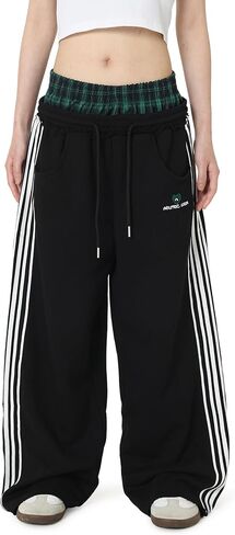 Aelfric Eden Baggy Wide Leg Sweatpants for Women Plaid Patchwork Sweat Pants Loose Long Pants with Pockets in Saudi Arabia