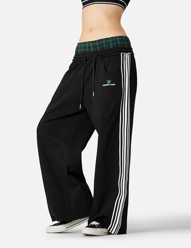 Aelfric Eden Baggy Wide Leg Sweatpants for Women Plaid Patchwork Sweat Pants Loose Long Pants with Pockets in Saudi Arabia